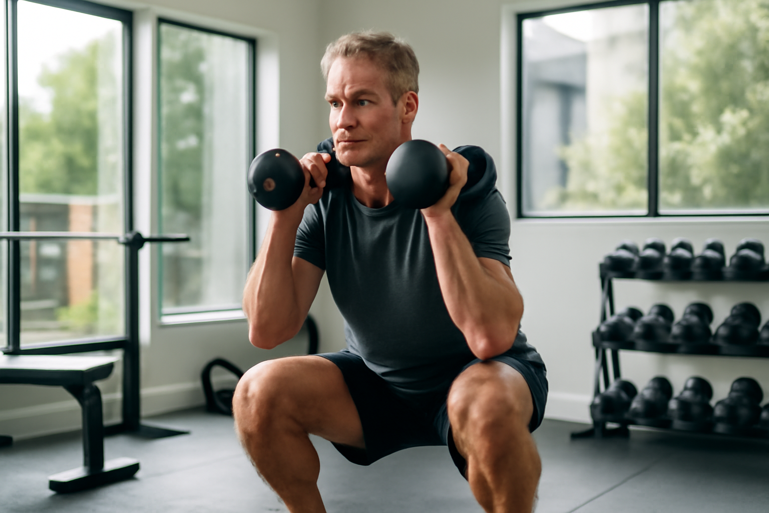 Adult over 50 doing strength training with dumbbells in a home gym for healthy aging