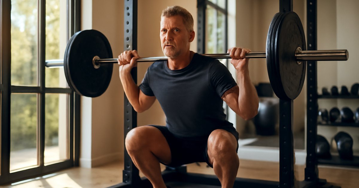 Fit man in his 40s doing barbell squats to support bone health and prevent osteoporosis