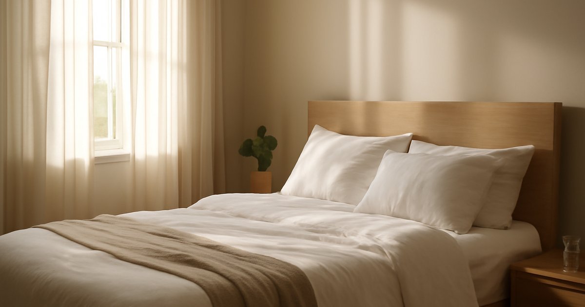 Peaceful bedroom with morning light representing healthy sleep habits for daily energy