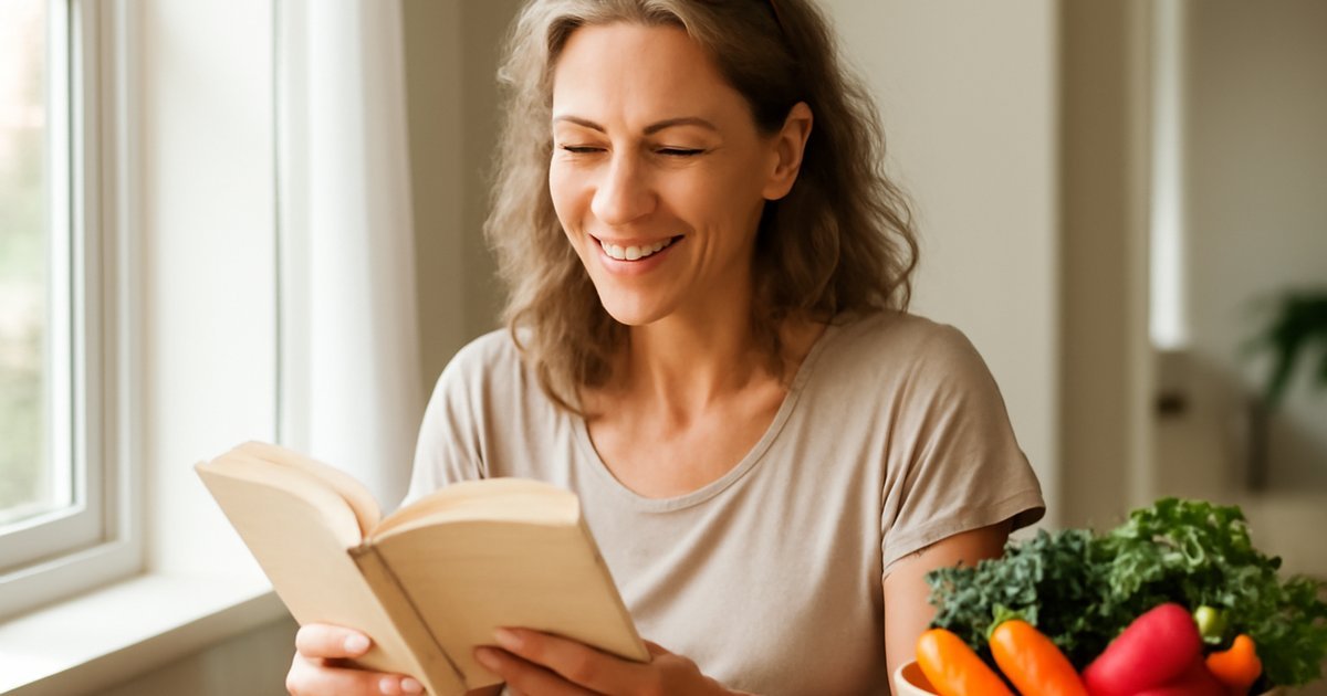 Woman in her 40s reading near a bright window with healthy foods that support vision health for aging eyes